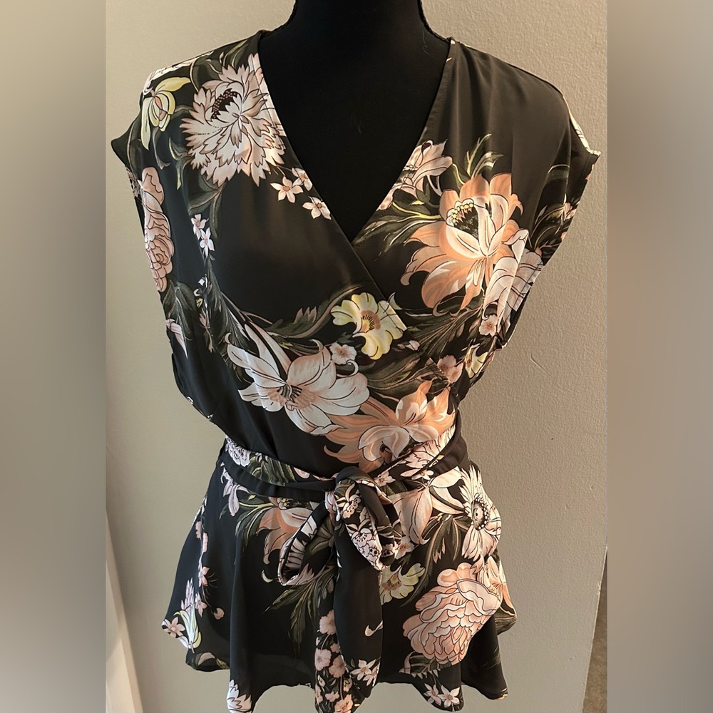 LOFT Black Floral wrap top sleeveless